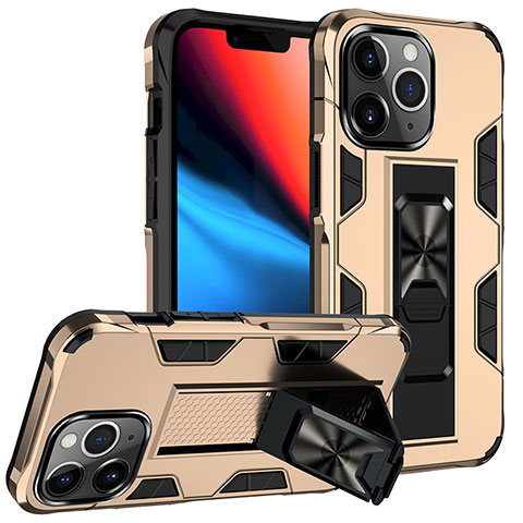 Coque Contour Silicone et Plastique Housse Etui Mat avec Magnetique Support Bague Anneau S07 pour Apple iPhone 13 Pro Or