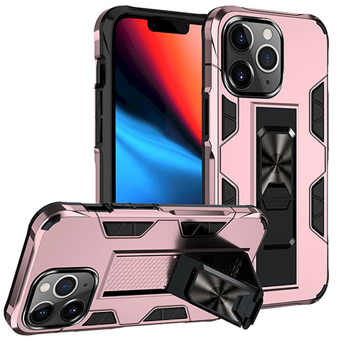 Coque Contour Silicone et Plastique Housse Etui Mat avec Magnetique Support Bague Anneau S07 pour Apple iPhone 13 Pro Or Rose