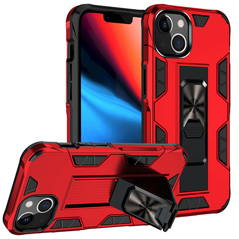 Coque Contour Silicone et Plastique Housse Etui Mat avec Magnetique Support Bague Anneau S07 pour Apple iPhone 13 Rouge