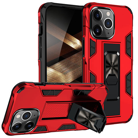 Coque Contour Silicone et Plastique Housse Etui Mat avec Magnetique Support Bague Anneau S07 pour Apple iPhone 14 Pro Rouge