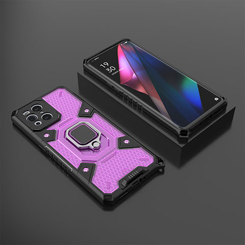 Coque Contour Silicone et Plastique Housse Etui Mat avec Magnetique Support Bague Anneau S07 pour Oppo Find X3 5G Violet