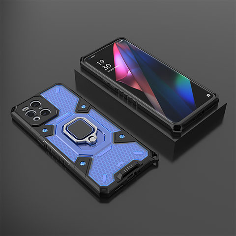 Coque Contour Silicone et Plastique Housse Etui Mat avec Magnetique Support Bague Anneau S07 pour Oppo Find X3 Pro 5G Bleu