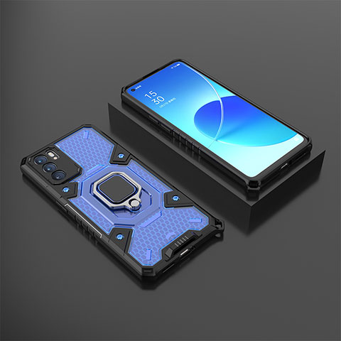 Coque Contour Silicone et Plastique Housse Etui Mat avec Magnetique Support Bague Anneau S07 pour Oppo Reno6 5G Bleu