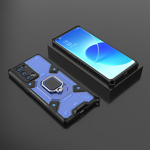 Coque Contour Silicone et Plastique Housse Etui Mat avec Magnetique Support Bague Anneau S07 pour Oppo Reno6 Pro+ Plus 5G Bleu