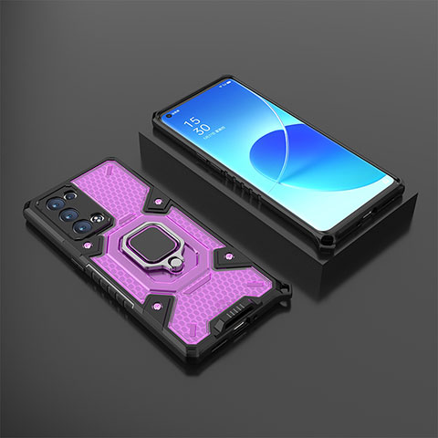 Coque Contour Silicone et Plastique Housse Etui Mat avec Magnetique Support Bague Anneau S07 pour Oppo Reno6 Pro+ Plus 5G Violet