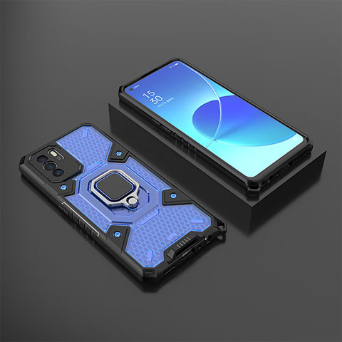 Coque Contour Silicone et Plastique Housse Etui Mat avec Magnetique Support Bague Anneau S07 pour Oppo Reno6 Z 5G Bleu