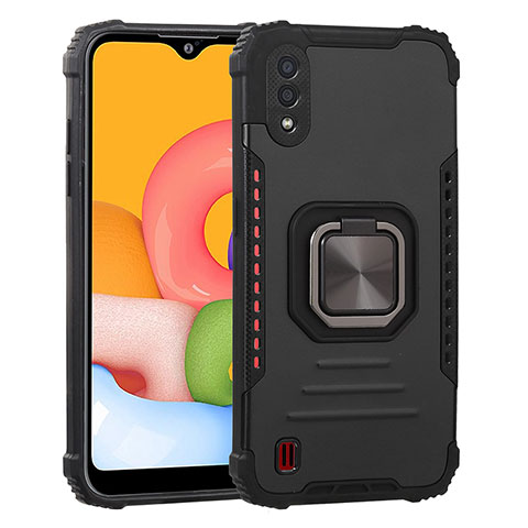 Coque Contour Silicone et Plastique Housse Etui Mat avec Magnetique Support Bague Anneau S07 pour Samsung Galaxy A01 SM-A015 Noir