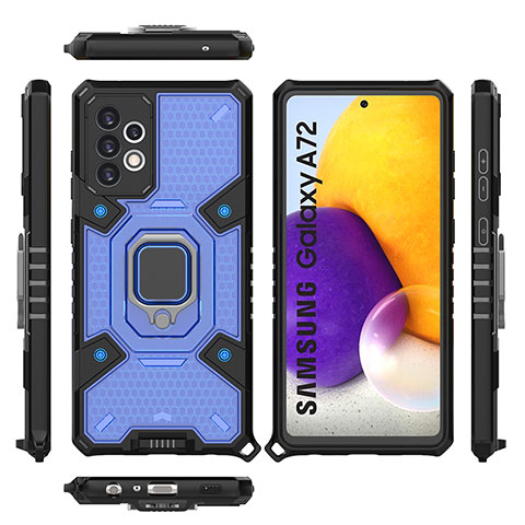 Coque Contour Silicone et Plastique Housse Etui Mat avec Magnetique Support Bague Anneau S07 pour Samsung Galaxy A72 4G Bleu