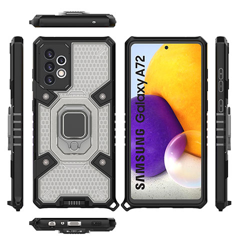 Coque Contour Silicone et Plastique Housse Etui Mat avec Magnetique Support Bague Anneau S07 pour Samsung Galaxy A72 4G Noir