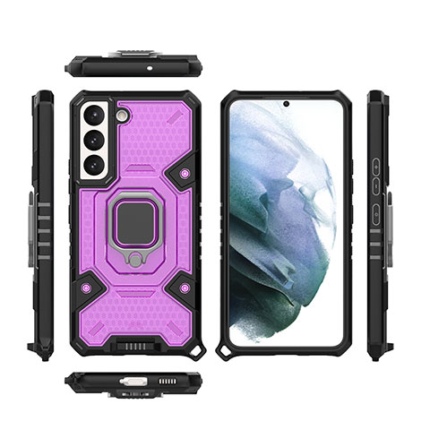 Coque Contour Silicone et Plastique Housse Etui Mat avec Magnetique Support Bague Anneau S07 pour Samsung Galaxy S21 FE 5G Violet