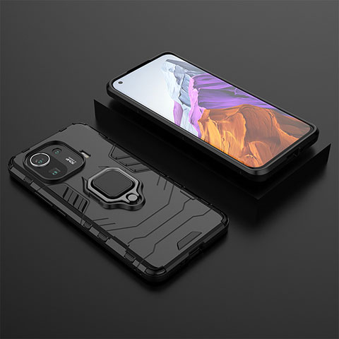 Coque Contour Silicone et Plastique Housse Etui Mat avec Magnetique Support Bague Anneau S07 pour Xiaomi Mi 11 Pro 5G Noir