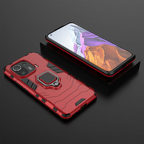 Coque Contour Silicone et Plastique Housse Etui Mat avec Magnetique Support Bague Anneau S07 pour Xiaomi Mi 11 Pro 5G Rouge