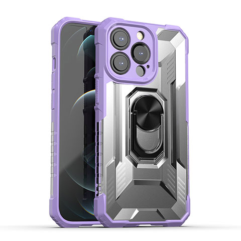 Coque Contour Silicone et Plastique Housse Etui Mat avec Magnetique Support Bague Anneau S08 pour Apple iPhone 13 Pro Violet