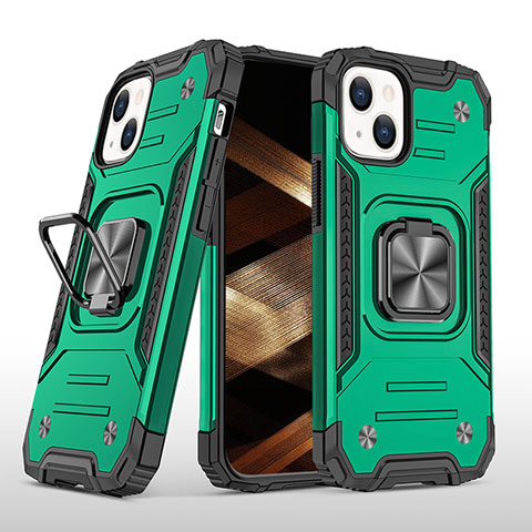 Coque Contour Silicone et Plastique Housse Etui Mat avec Magnetique Support Bague Anneau S08 pour Apple iPhone 15 Vert