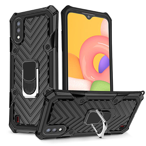 Coque Contour Silicone et Plastique Housse Etui Mat avec Magnetique Support Bague Anneau S08 pour Samsung Galaxy A01 SM-A015 Noir