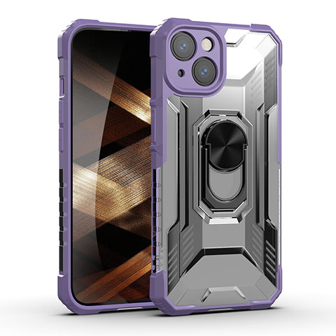 Coque Contour Silicone et Plastique Housse Etui Mat avec Magnetique Support Bague Anneau S09 pour Apple iPhone 15 Plus Violet