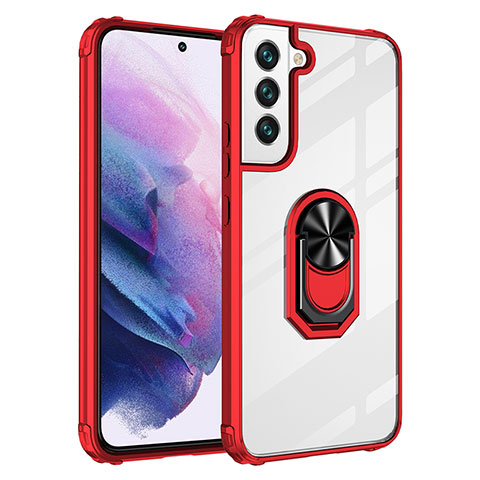 Coque Contour Silicone et Plastique Housse Etui Mat avec Magnetique Support Bague Anneau S09 pour Samsung Galaxy S21 5G Rouge