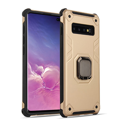 Coque Contour Silicone et Plastique Housse Etui Mat avec Magnetique Support Bague Anneau T01 pour Samsung Galaxy S10 5G Or et Noir