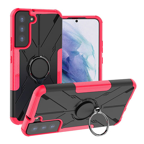 Coque Contour Silicone et Plastique Housse Etui Mat avec Magnetique Support Bague Anneau T08 pour Samsung Galaxy S21 5G Rose Rouge