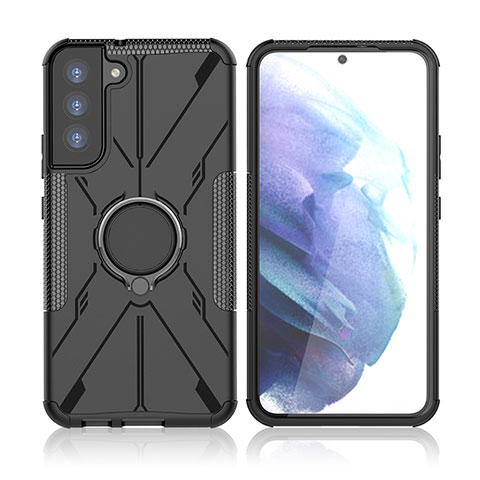 Coque Contour Silicone et Plastique Housse Etui Mat avec Magnetique Support Bague Anneau T09 pour Samsung Galaxy S21 5G Noir