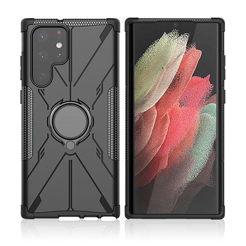 Coque Contour Silicone et Plastique Housse Etui Mat avec Magnetique Support Bague Anneau T09 pour Samsung Galaxy S21 Ultra 5G Noir