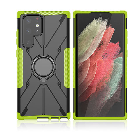 Coque Contour Silicone et Plastique Housse Etui Mat avec Magnetique Support Bague Anneau T09 pour Samsung Galaxy S23 Ultra 5G Vert