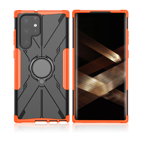 Coque Contour Silicone et Plastique Housse Etui Mat avec Magnetique Support Bague Anneau T09 pour Samsung Galaxy S24 Ultra 5G Orange