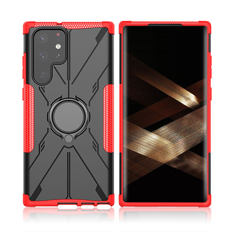 Coque Contour Silicone et Plastique Housse Etui Mat avec Magnetique Support Bague Anneau T09 pour Samsung Galaxy S24 Ultra 5G Rouge