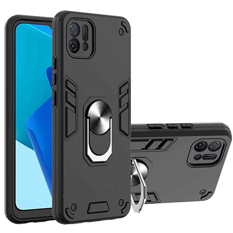 Coque Contour Silicone et Plastique Housse Etui Mat avec Magnetique Support Bague Anneau Y01B pour Oppo A16e Noir