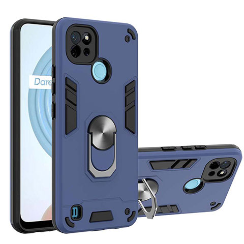 Coque Contour Silicone et Plastique Housse Etui Mat avec Magnetique Support Bague Anneau Y01B pour Realme C21 Bleu