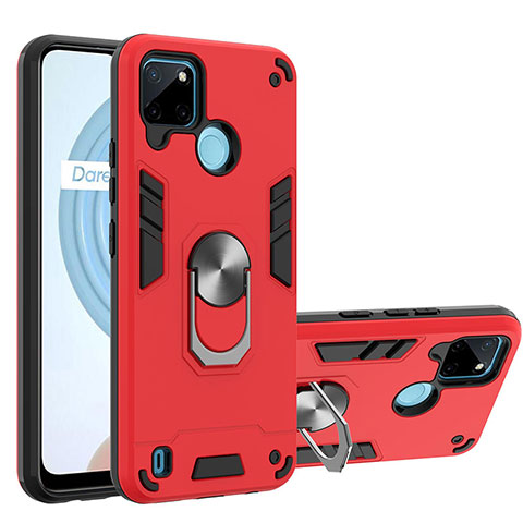 Coque Contour Silicone et Plastique Housse Etui Mat avec Magnetique Support Bague Anneau Y01B pour Realme C21Y Rouge