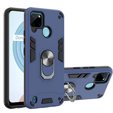 Coque Contour Silicone et Plastique Housse Etui Mat avec Magnetique Support Bague Anneau Y01B pour Realme C25Y Bleu