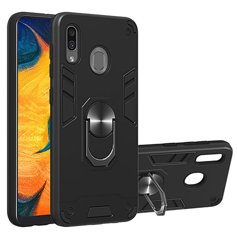 Coque Contour Silicone et Plastique Housse Etui Mat avec Magnetique Support Bague Anneau Y01B pour Samsung Galaxy A20 Noir