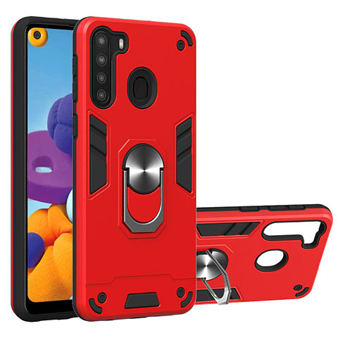 Coque Contour Silicone et Plastique Housse Etui Mat avec Magnetique Support Bague Anneau Y01B pour Samsung Galaxy A21 Rouge