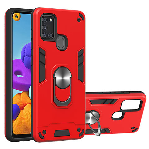 Coque Contour Silicone et Plastique Housse Etui Mat avec Magnetique Support Bague Anneau Y01B pour Samsung Galaxy A21s Rouge