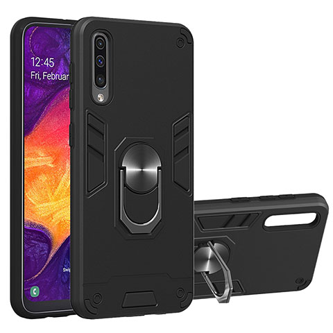 Coque Contour Silicone et Plastique Housse Etui Mat avec Magnetique Support Bague Anneau Y01B pour Samsung Galaxy A30S Noir