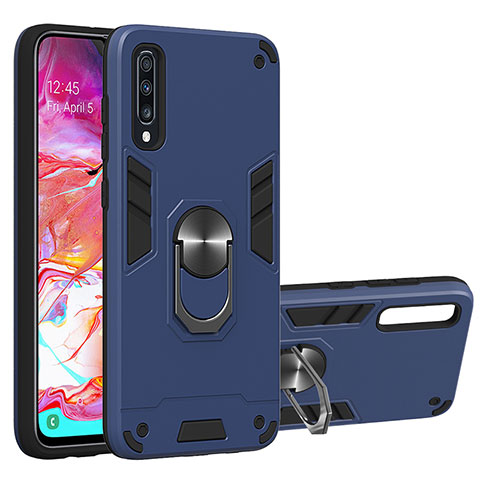 Coque Contour Silicone et Plastique Housse Etui Mat avec Magnetique Support Bague Anneau Y01B pour Samsung Galaxy A70 Bleu