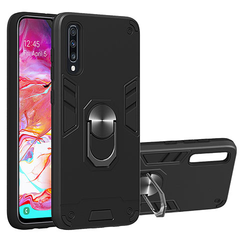 Coque Contour Silicone et Plastique Housse Etui Mat avec Magnetique Support Bague Anneau Y01B pour Samsung Galaxy A70 Noir