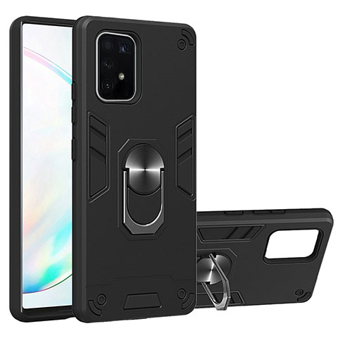 Coque Contour Silicone et Plastique Housse Etui Mat avec Magnetique Support Bague Anneau Y01B pour Samsung Galaxy A91 Noir