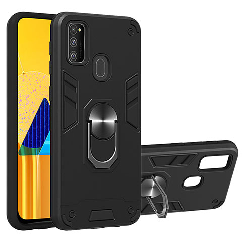 Coque Contour Silicone et Plastique Housse Etui Mat avec Magnetique Support Bague Anneau Y01B pour Samsung Galaxy M21 Noir