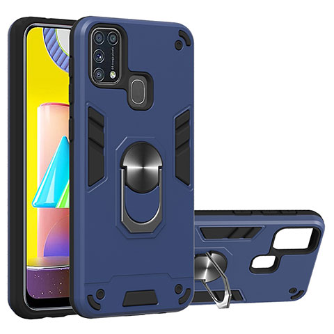 Coque Contour Silicone et Plastique Housse Etui Mat avec Magnetique Support Bague Anneau Y01B pour Samsung Galaxy M31 Bleu