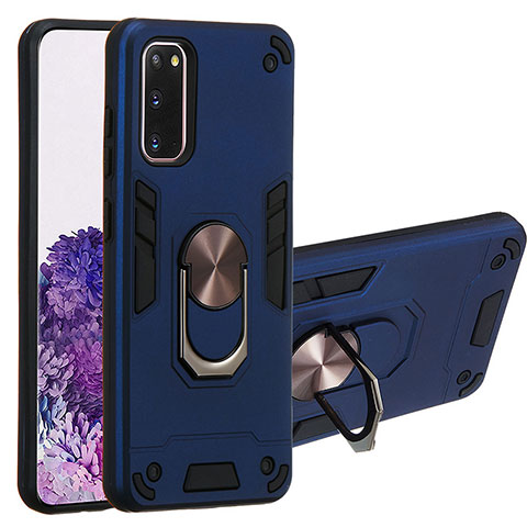 Coque Contour Silicone et Plastique Housse Etui Mat avec Magnetique Support Bague Anneau Y01B pour Samsung Galaxy S20 5G Bleu