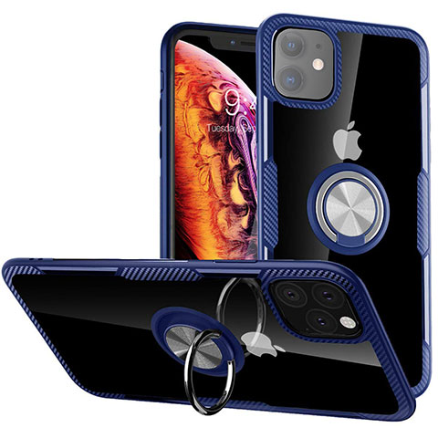 Coque Contour Silicone et Plastique Housse Etui Mat avec Magnetique Support Bague Anneau Y02 pour Apple iPhone 11 Bleu