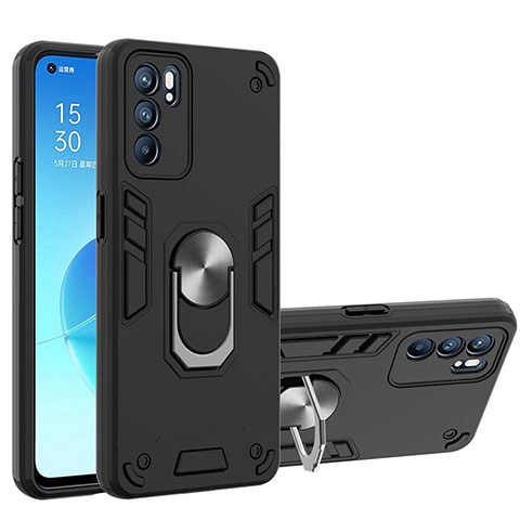 Coque Contour Silicone et Plastique Housse Etui Mat avec Magnetique Support Bague Anneau YB1 pour Oppo Reno6 5G Noir