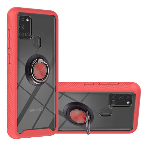 Coque Contour Silicone et Plastique Housse Etui Mat avec Magnetique Support Bague Anneau YB1 pour Samsung Galaxy A21s Rouge