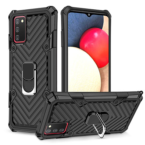 Coque Contour Silicone et Plastique Housse Etui Mat avec Magnetique Support Bague Anneau YF1 pour Samsung Galaxy A03s Noir