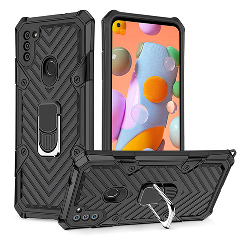 Coque Contour Silicone et Plastique Housse Etui Mat avec Magnetique Support Bague Anneau YF1 pour Samsung Galaxy A11 Noir