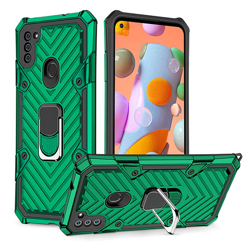 Coque Contour Silicone et Plastique Housse Etui Mat avec Magnetique Support Bague Anneau YF1 pour Samsung Galaxy A11 Vert