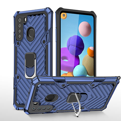 Coque Contour Silicone et Plastique Housse Etui Mat avec Magnetique Support Bague Anneau YF1 pour Samsung Galaxy A21 Bleu