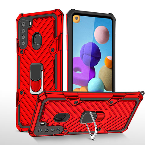 Coque Contour Silicone et Plastique Housse Etui Mat avec Magnetique Support Bague Anneau YF1 pour Samsung Galaxy A21 Rouge